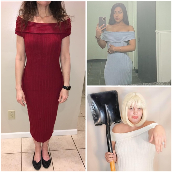 NWT Prettygarden Red Off Shoulder Ribbed Knit Bodycon Sweater Midi Dress S - Picture 7 of 12